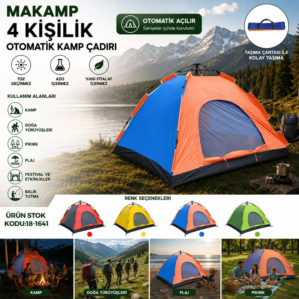 4 Kişilik Toz Geçirmez 200cmx200cmx135cm Otomatik Kamp Çadır Herhangi Bir Renk Gönderilir Bx40 Fiyatı, Yorumları ve Özellikleri