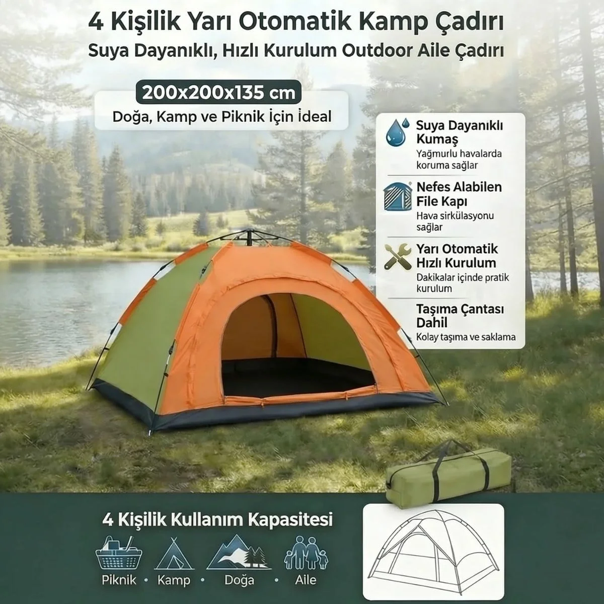 4 Kişilik Yarı Otomatik Kamp Çadırı – Suya Dayanıklı, Hızlı Kurulumlu Outdoor Aile Çadırı, Doğa, Kamp Ve Piknik 200x200x135 Cm Bx40 Fiyatı, Yorumları ve Özellikleri