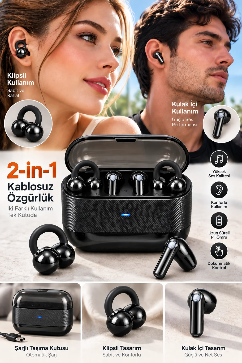 4 Kulaklıklı 2’si 1 Arada Kablosuz Bluetooth Kulaklık Klipsli Kulak İçi Siyah 4 Kulaklıklı 2’si 1 Arada Kablosuz Bluetooth Kulaklık Klipsli Kulak İçi Siyah