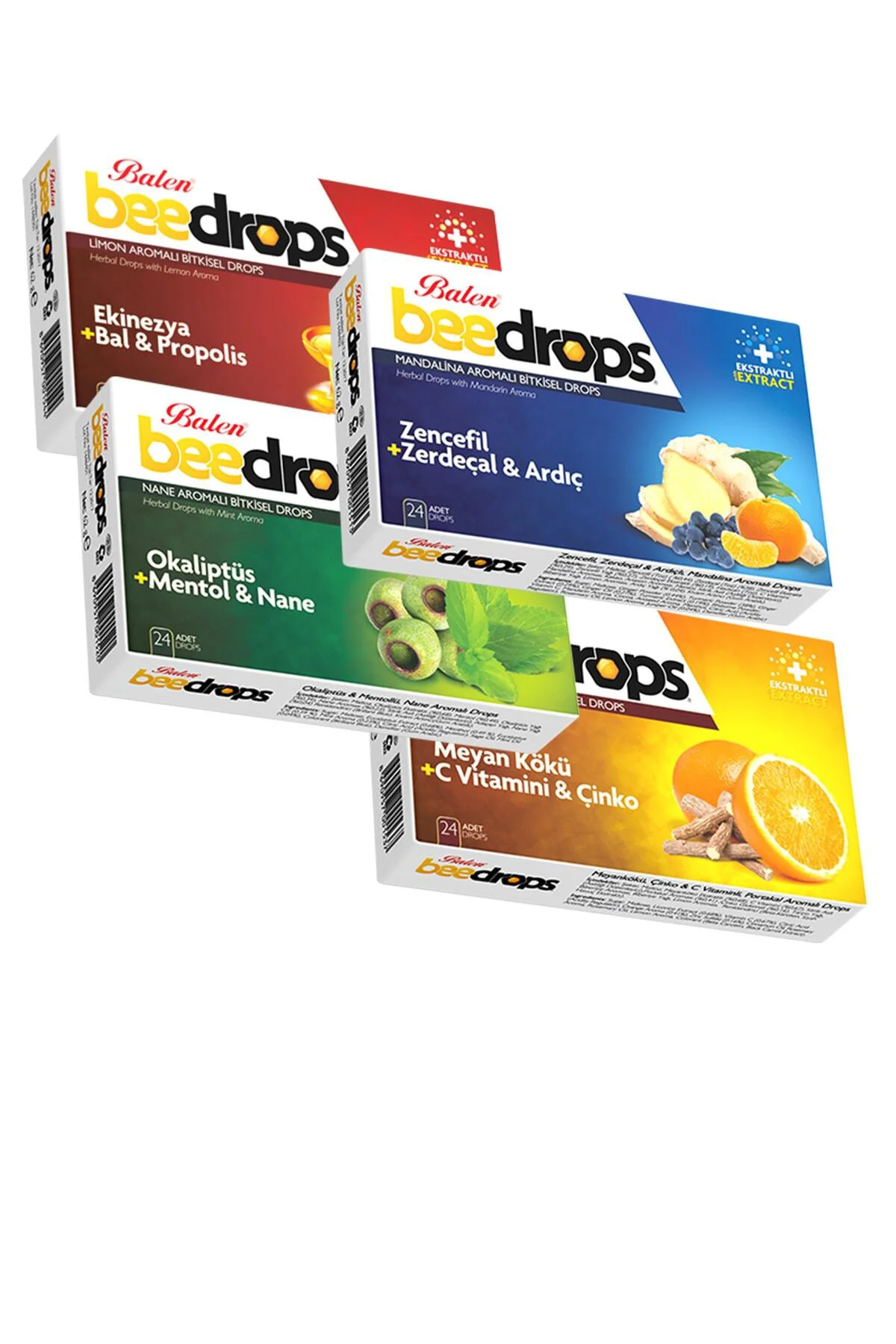 4 Kutu Okaliptüs Meyan Kökü Ekinezya Zencefil Beedrops Pastil Bee Drops 4 Çeşit Boğaz Pastili
