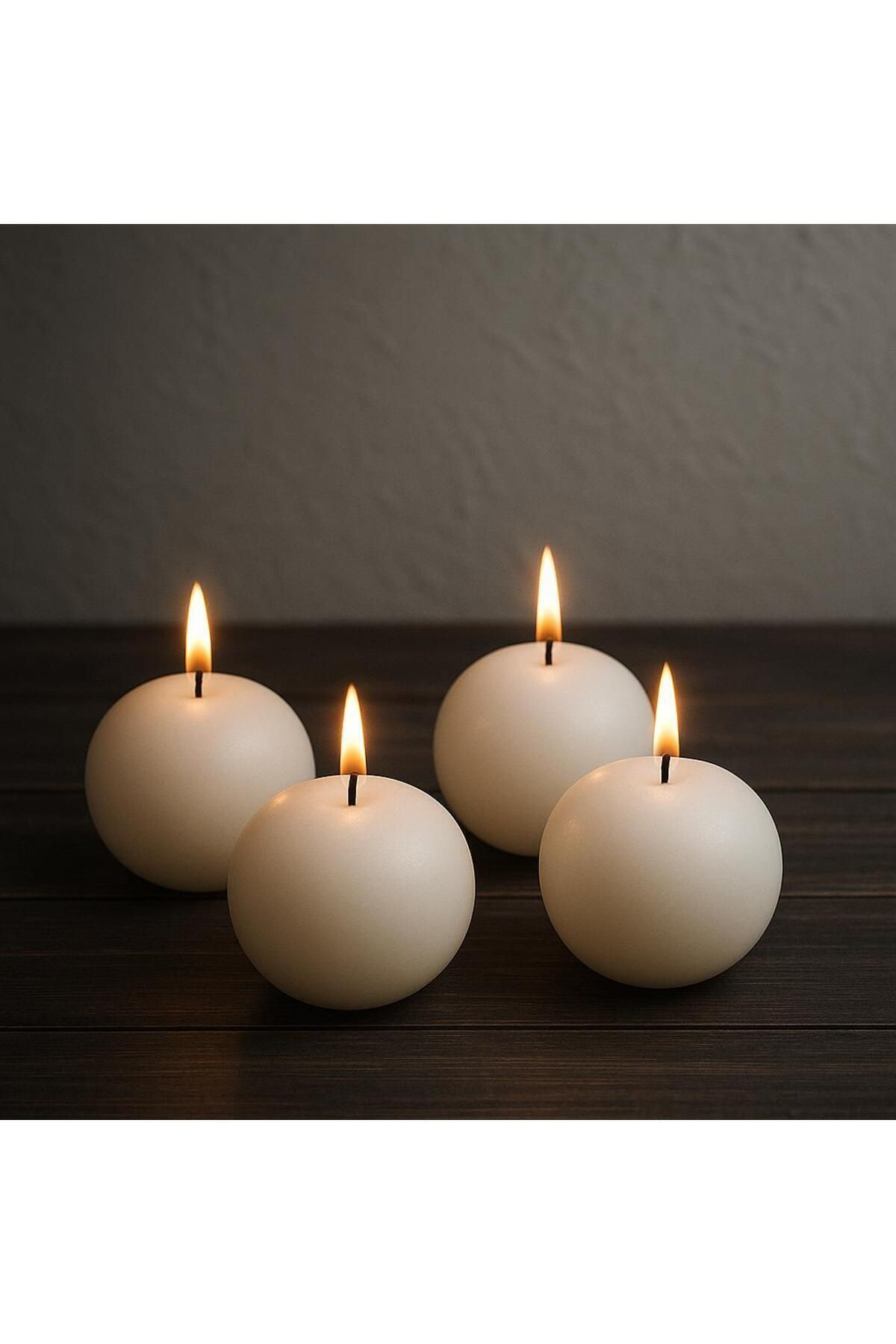 Aresmumatölyesi  4 Lü Beyaz Dekoratif Yuvarlak Top Şeklinde Hediyelik Şık Mum 7,5