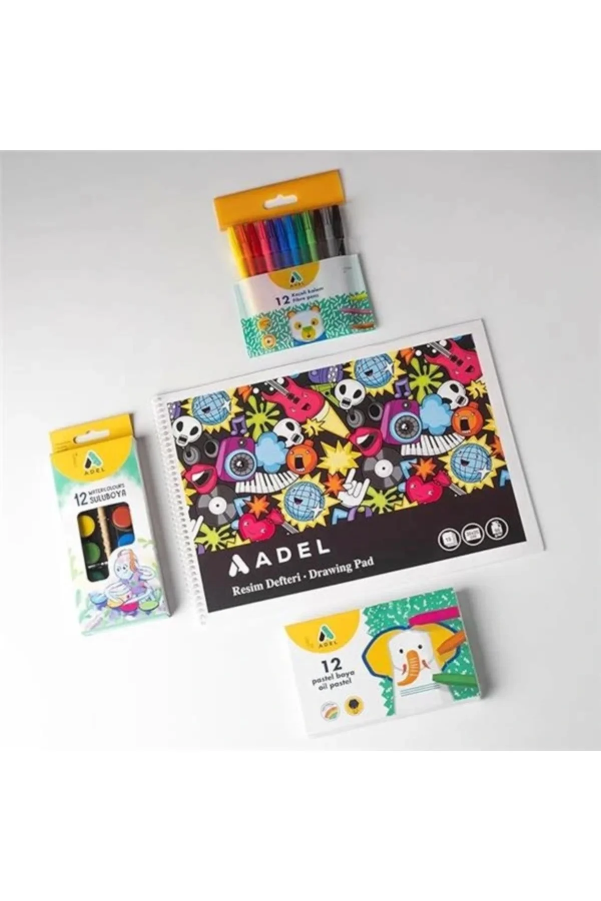 4 ?lü Boyama Seti + Resim Defteri 25x35, 12 Renk, Keçeli Kalem, Kuru,Pastel ve Sulu Boya, Fırça