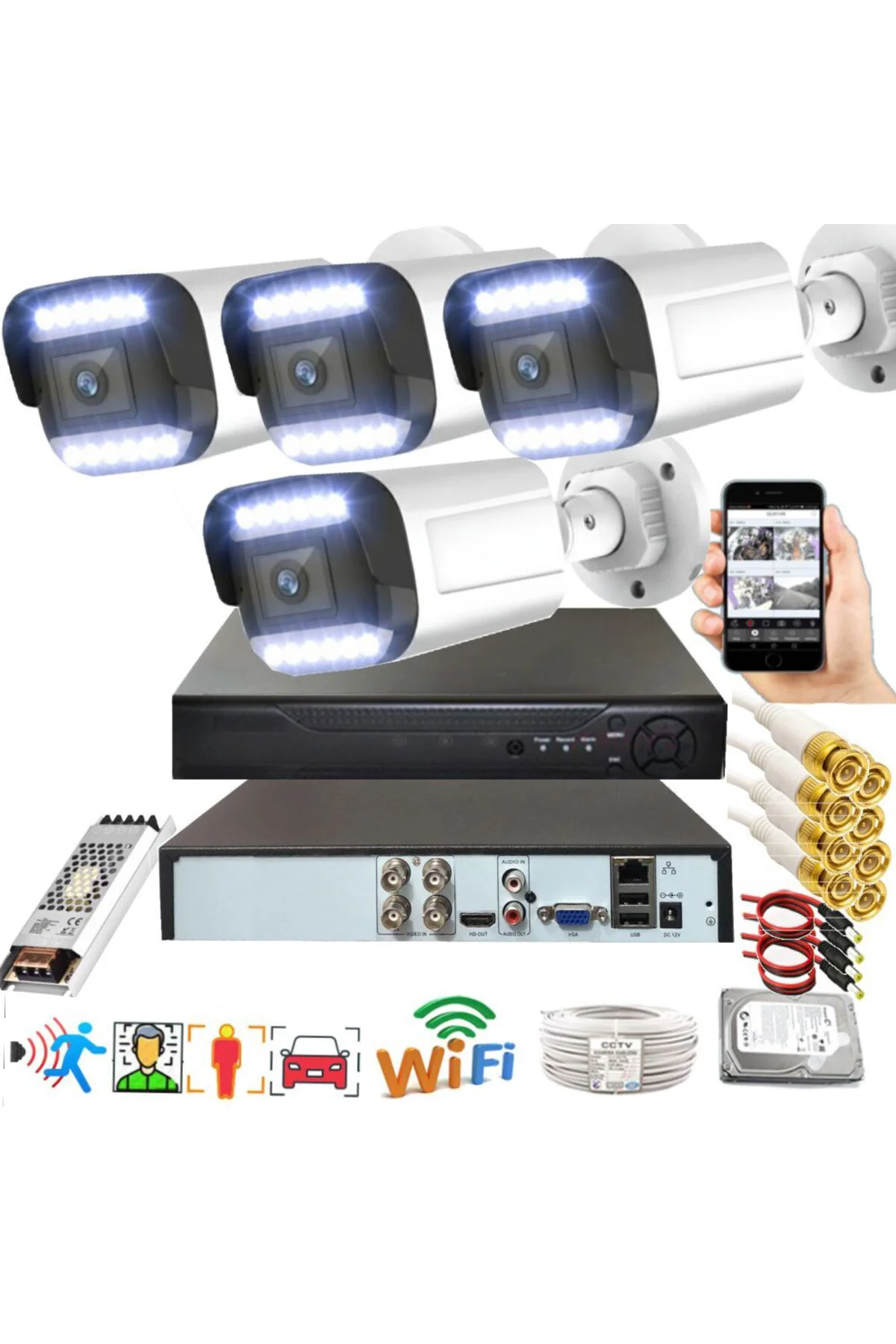 4 lü Hareket Algılayan 5 MP Lens 12 Warm Led Gece Renkli Gösteren