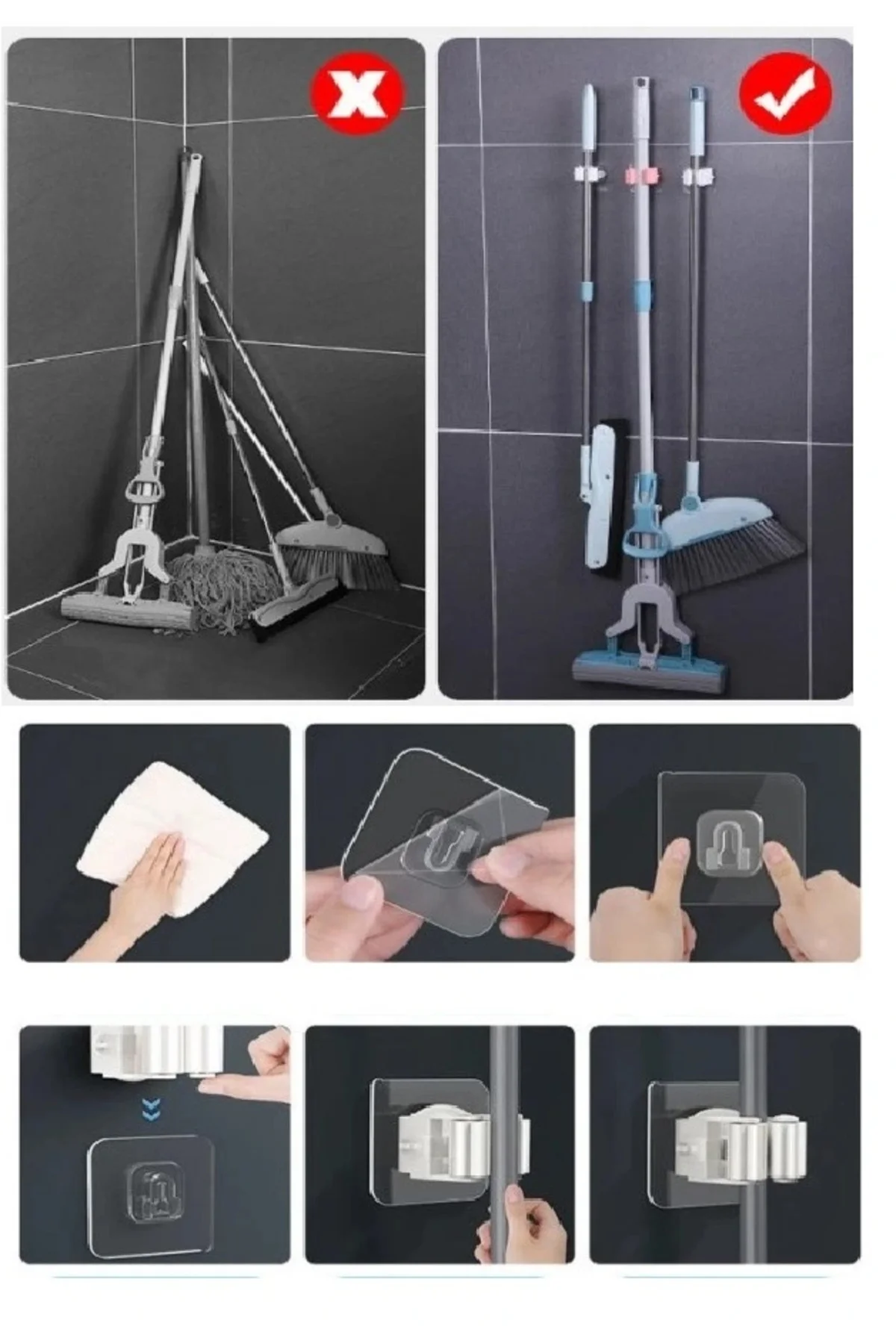 4 Lü Kelebek Yapışkanlı Mop Fırça Çekpas Sap Tutucu Organizer Banyo Düzenleyici - Görsel 5