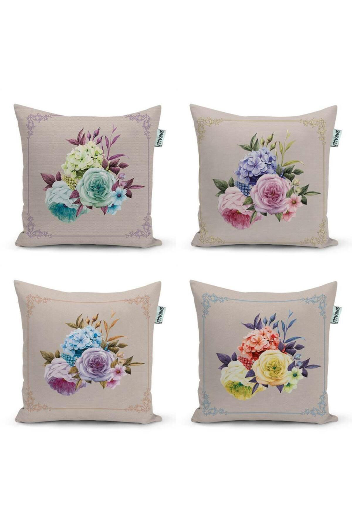 Sakallı 4 Lü Takım Renkli Çicek Desen 3D Dijital Baskılı Dekoratif Kırlen