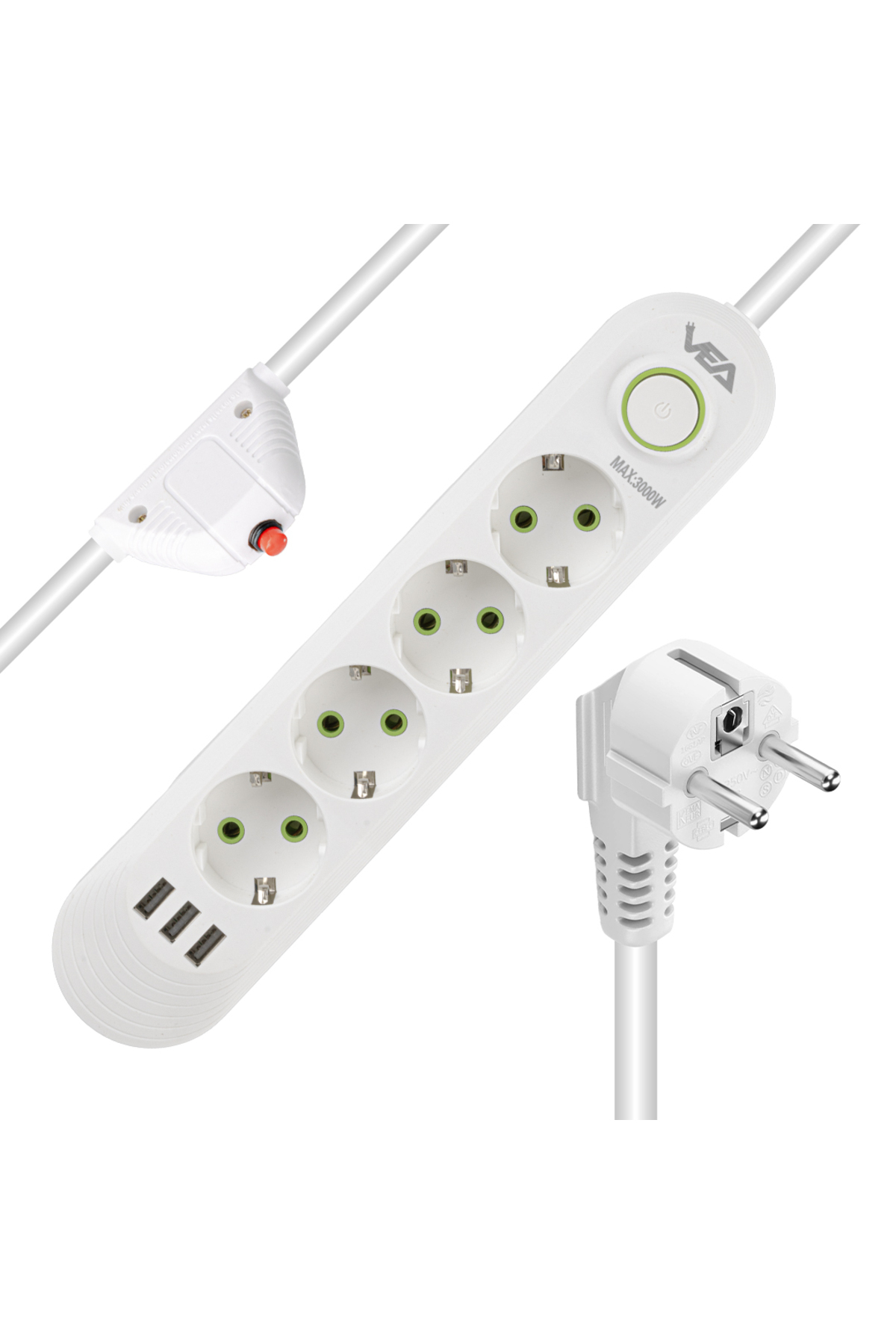 4 LÜ TOPRAK + 3 USB GİRİŞ 1.5 METRE KABLOLU  BEYAZ Çocuk Korumalı