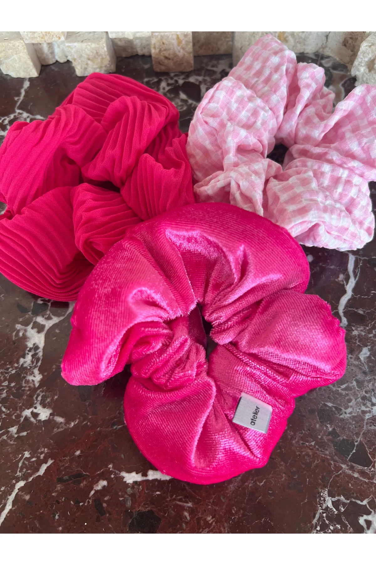 4 Mevsim 3 lü Pembe Scrunchie Set ( Kadife- Şifon- Bürümcük Kumaş)