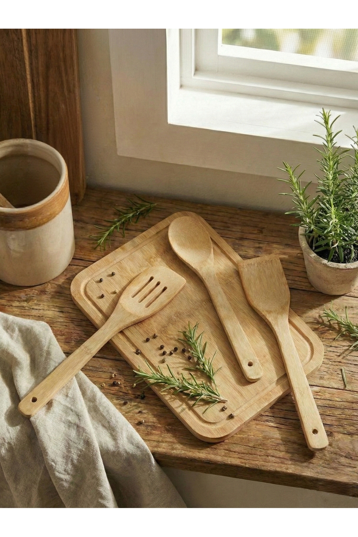 4 Parça Bambu Mutfak Seti - 35.5x26 cm Bambu Kesme Tahtası & 3'lü