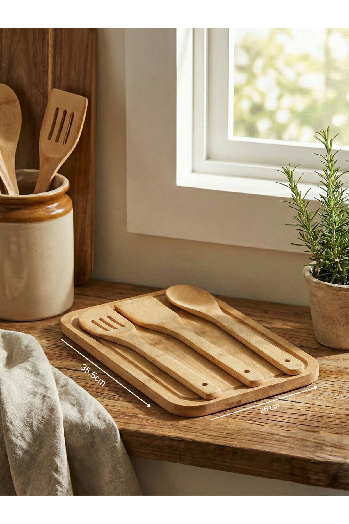 4 Parça Bambu Mutfak Seti - 35.5x26 cm Bambu Kesme Tahtası & 3'lü