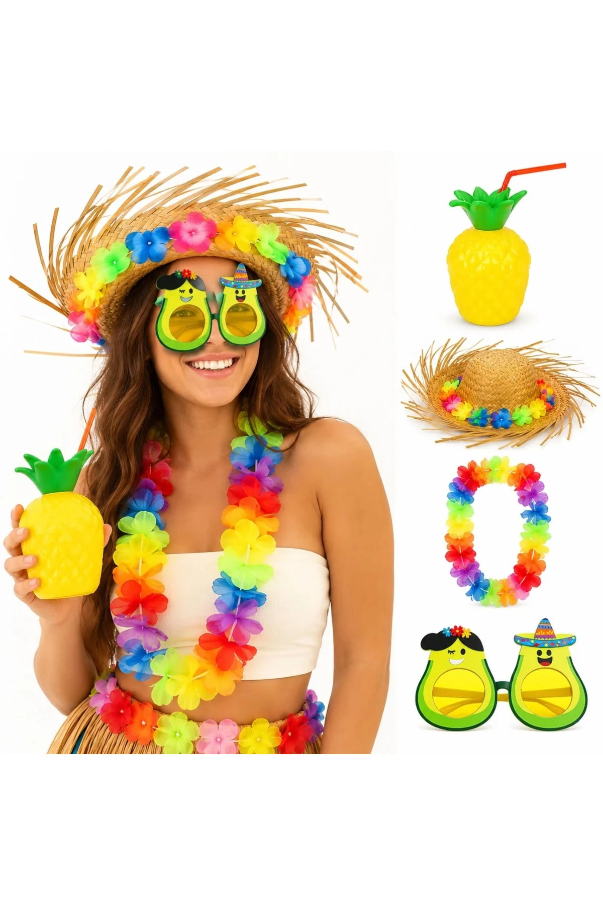 4 Parça Hawaii Pi Seti Ananas Bardak Hasır Şapka Okado Gözlük Çiçek Kolye 4 Parça Hawaii Pi Seti Ananas Bardak Hasır Şapka Okado Gözlük Çiçek Kolye