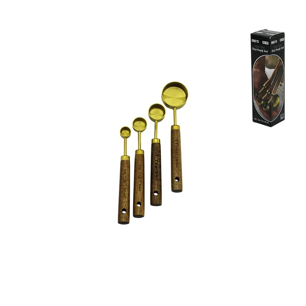 4 PCS GOLD METAL ÖLÇÜ KAŞIK SETİ OTANTİK AĞAÇ KULP 15ML - 5ML - 2