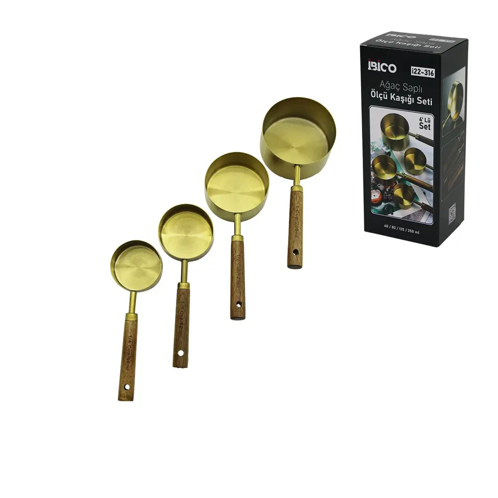 4 PCS GOLD METAL ÖLÇÜ KAŞIK SETİ OTANTİK AĞAÇ KULP 250ML - 125ML 