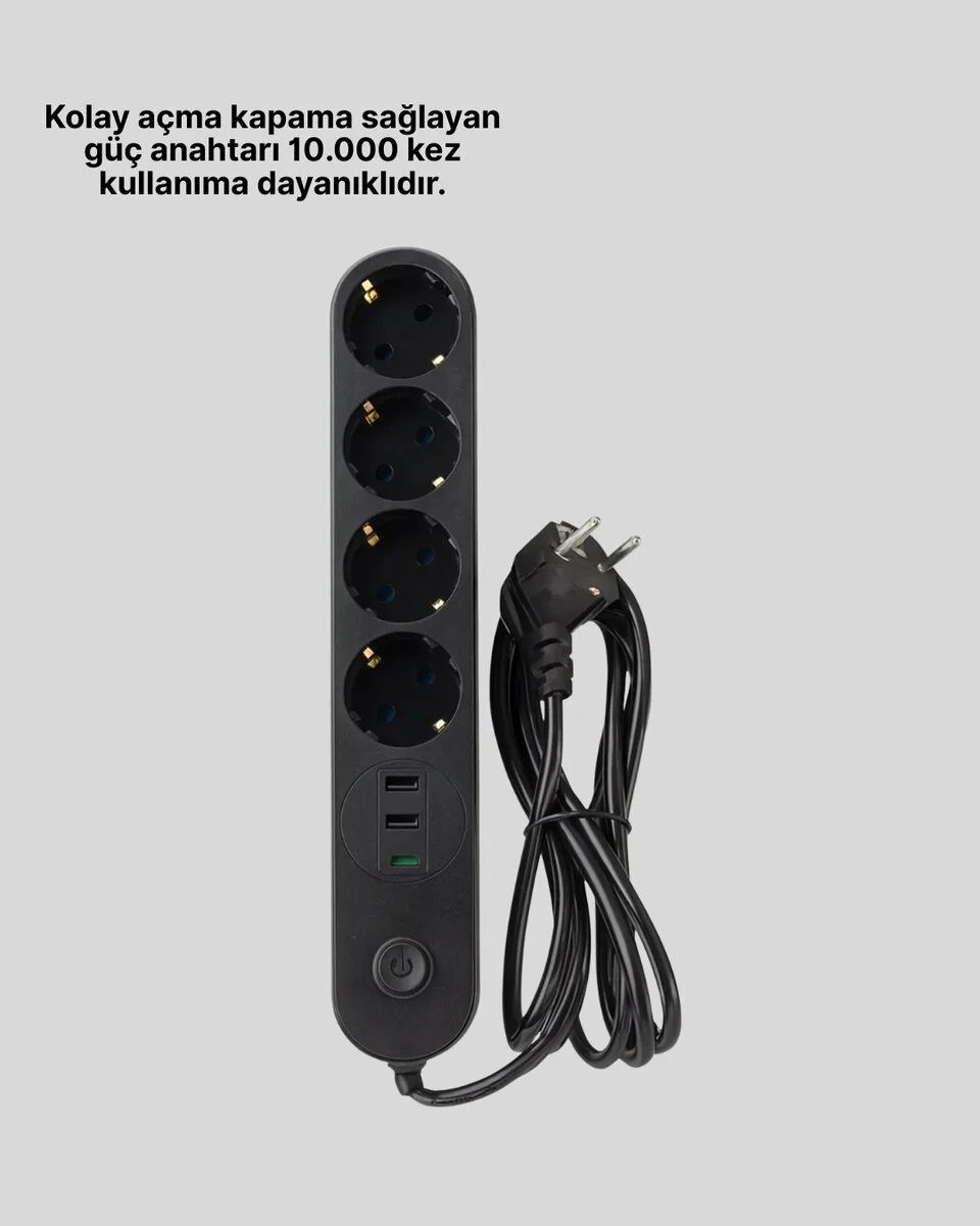 4 Priz 2 USB 1 Type-C Akım Korumalı Çoklu Priz Led Anahtarlı - Güvenli Ev Ofis Çözümü