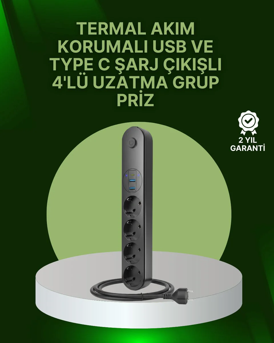 4 Priz 2 USB 1 Type-C Akım Korumalı Çoklu Priz Led Anahtarlı - Güvenli Ev Ofis Çözümü