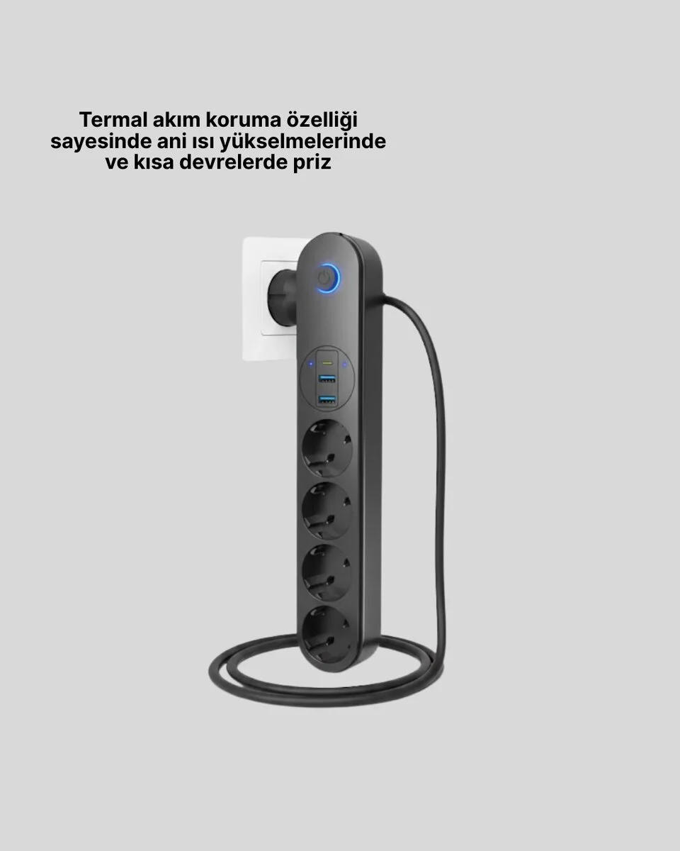 4 Priz 2 USB 1 Type-C Akım Korumalı Çoklu Priz Led Anahtarlı - Güvenli Ev Ofis Çözümü