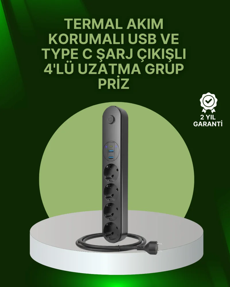 4 Priz 2 Usb 1 Type-c Akım Korumalı Çoklu Priz Led Anahtarlı Diğer