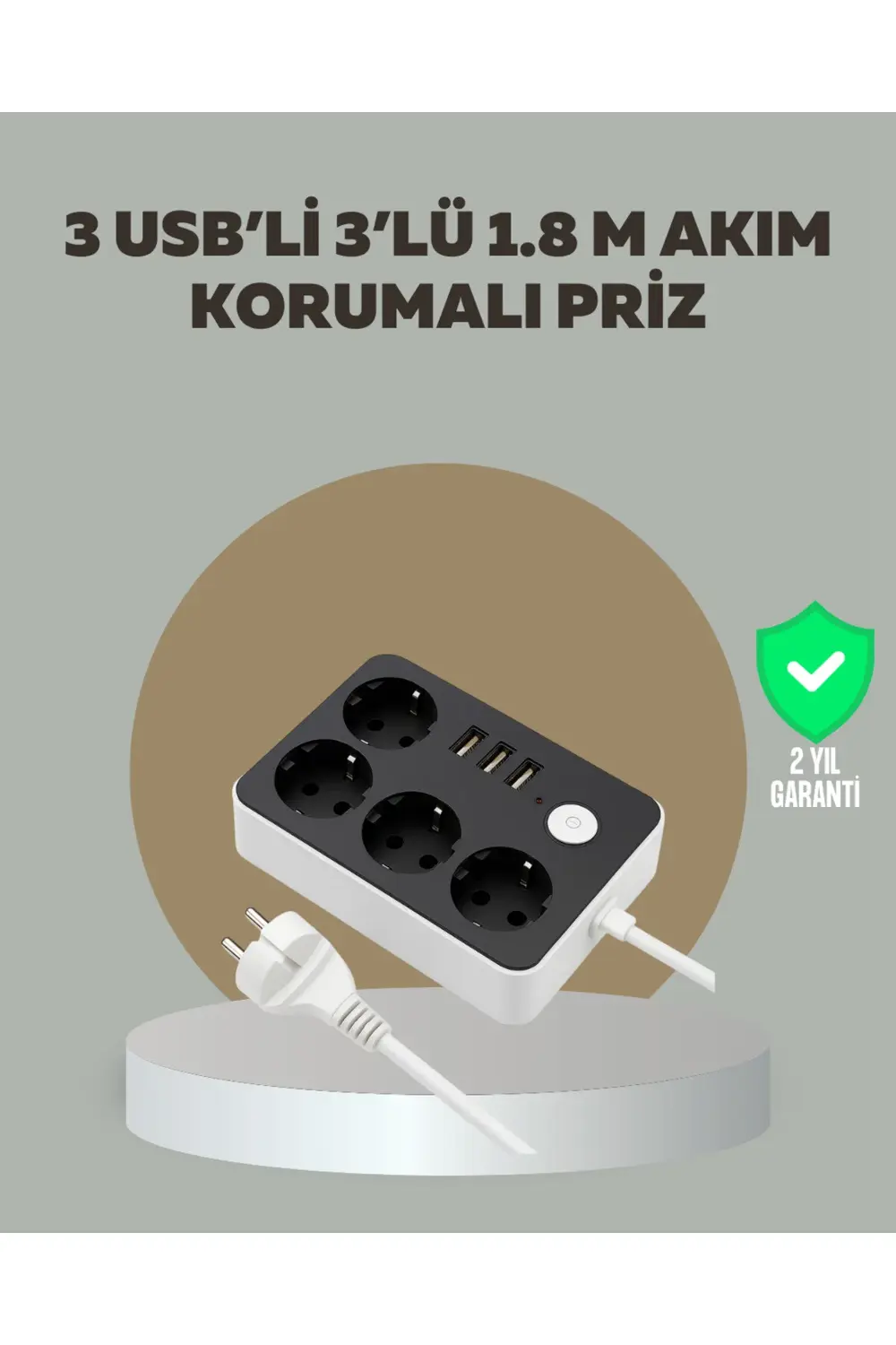 4 Prizli 3 USB Portlu Anahtarlı Akım Korumalı Priz
