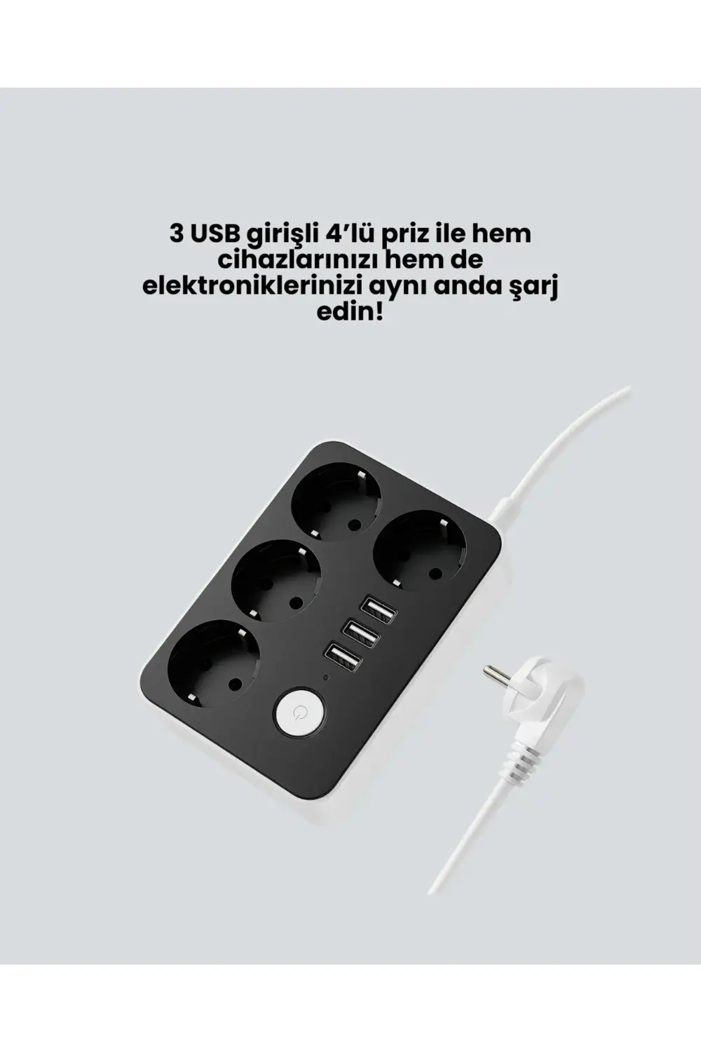 4 Prizli 3 USB Portlu Anahtarlı Akım Korumalı Priz
