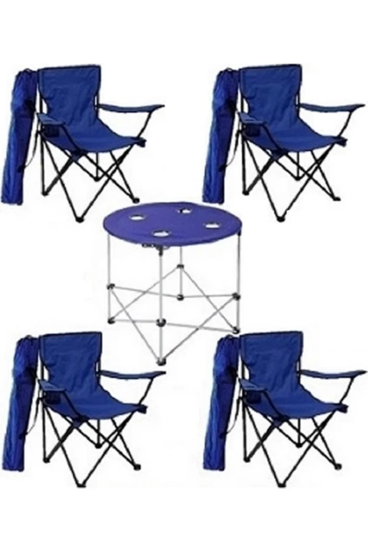 4 Sandalyeli Katlanır Kamp Masa Sandalye Seti 71 cm Yuvarlak Masa Çantalı 5 Parça