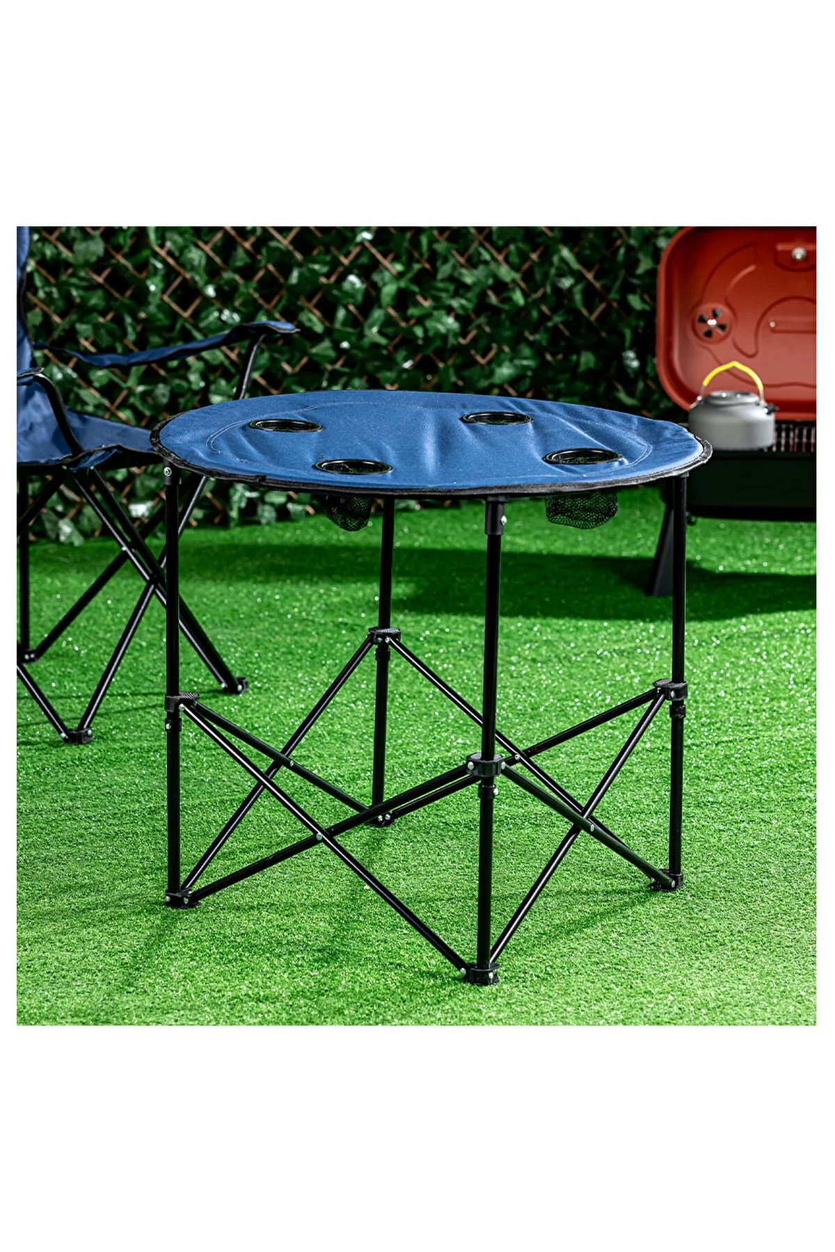 4 Sandalyeli Katlanır Kamp Masa Sandalye Seti 71 cm Yuvarlak Masa Çantalı 5 Parça
