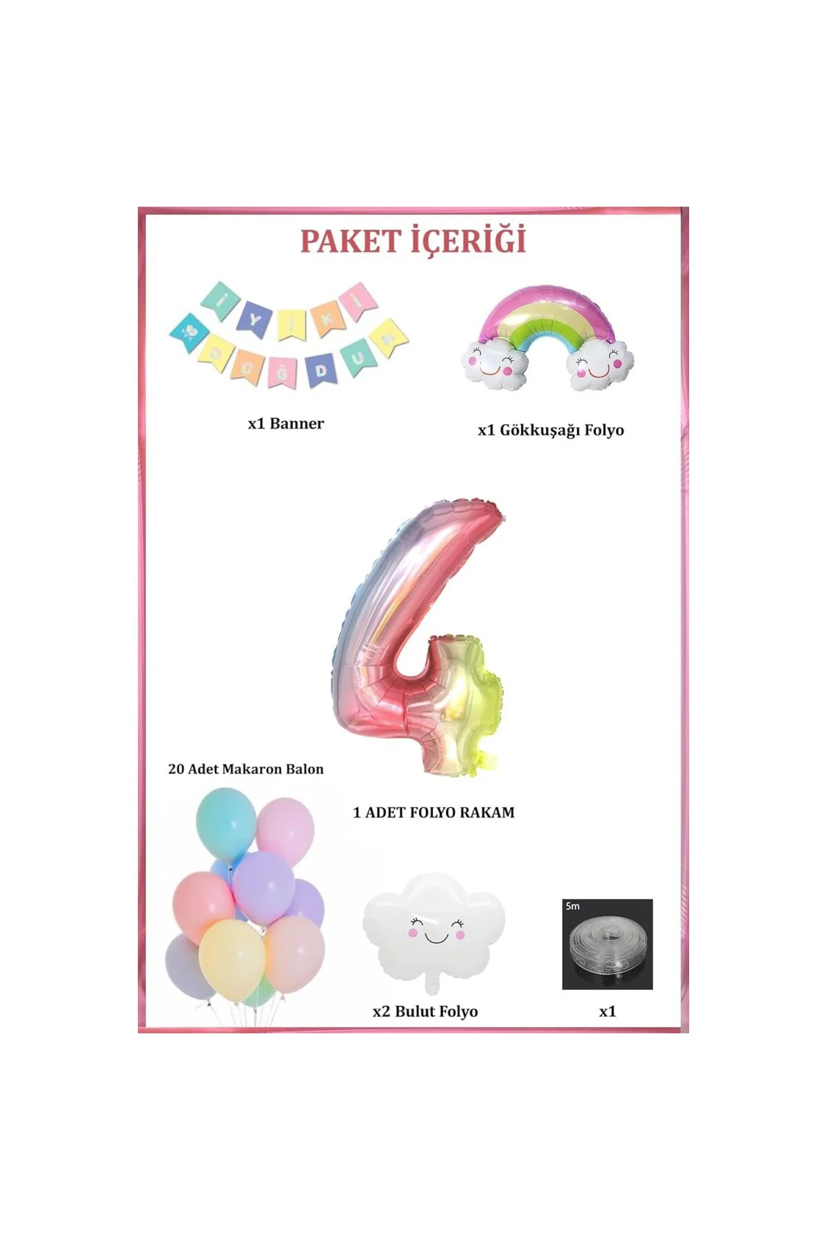 4 Yaş Gökkuşağı Bulut Konsepti Doğum Günü Parti Kutlama Seti