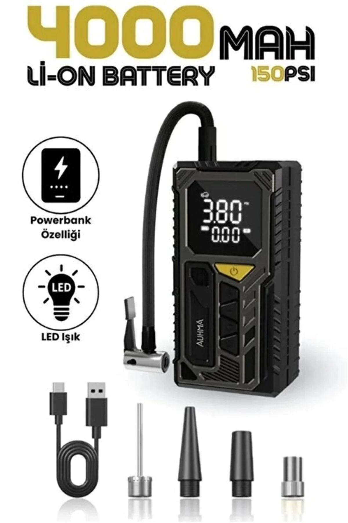 4000mah Ha Kompresörü Powerbank Özellikli Kompresör Araba Bisikle