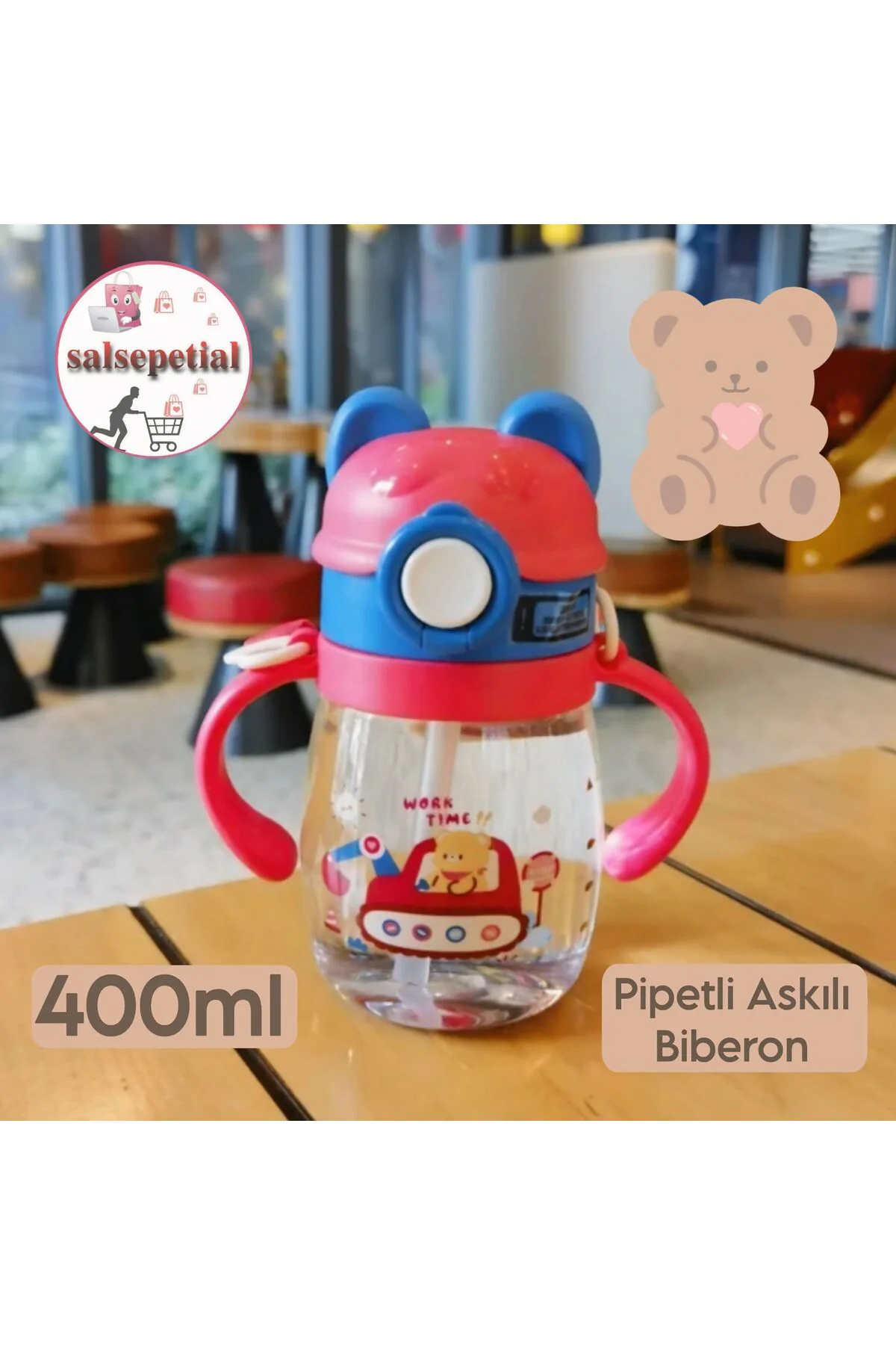 400ml Ayıcık Figürlü Pipeti Suluk Bebek Matara Askılı Sevimli Su 