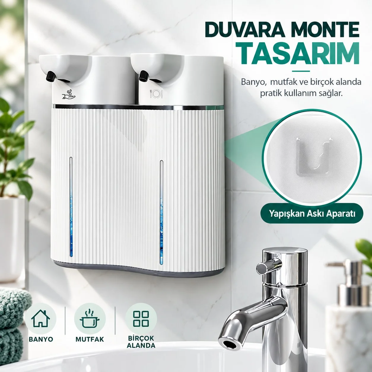 403842 Çift Hazneli Sensörlü Bulaşık Deterjanı ve Sıvı Sabun Dispeseri Beyaz - Görsel 13