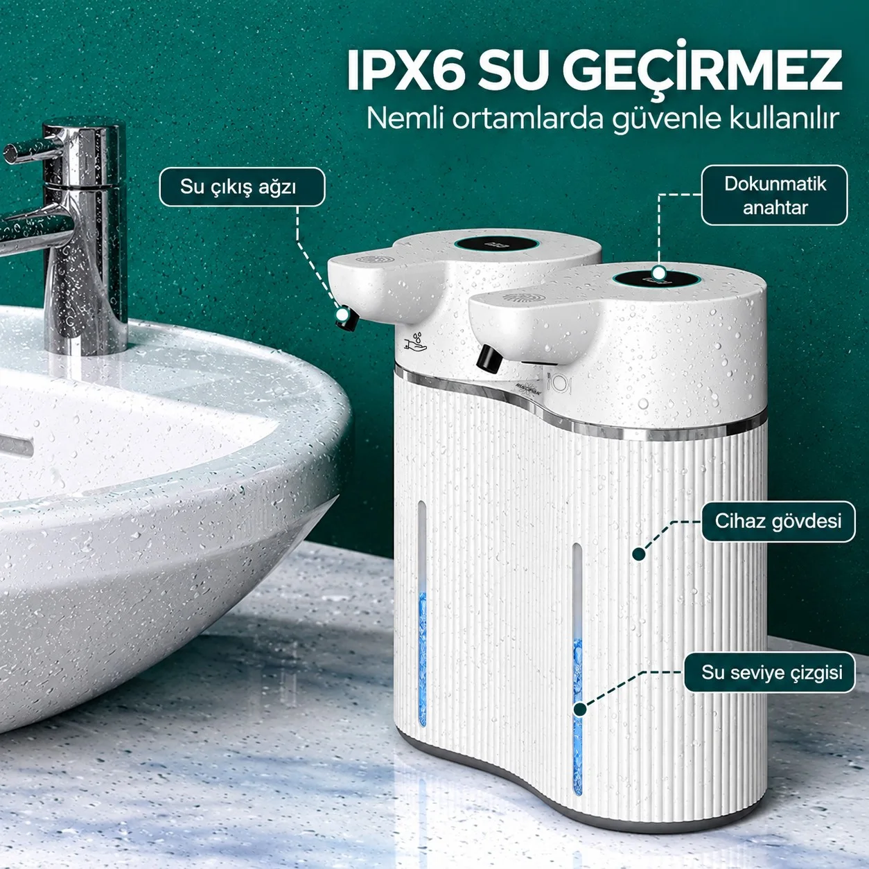 403842 Çift Hazneli Sensörlü Bulaşık Deterjanı ve Sıvı Sabun Dispeseri Beyaz - Görsel 16