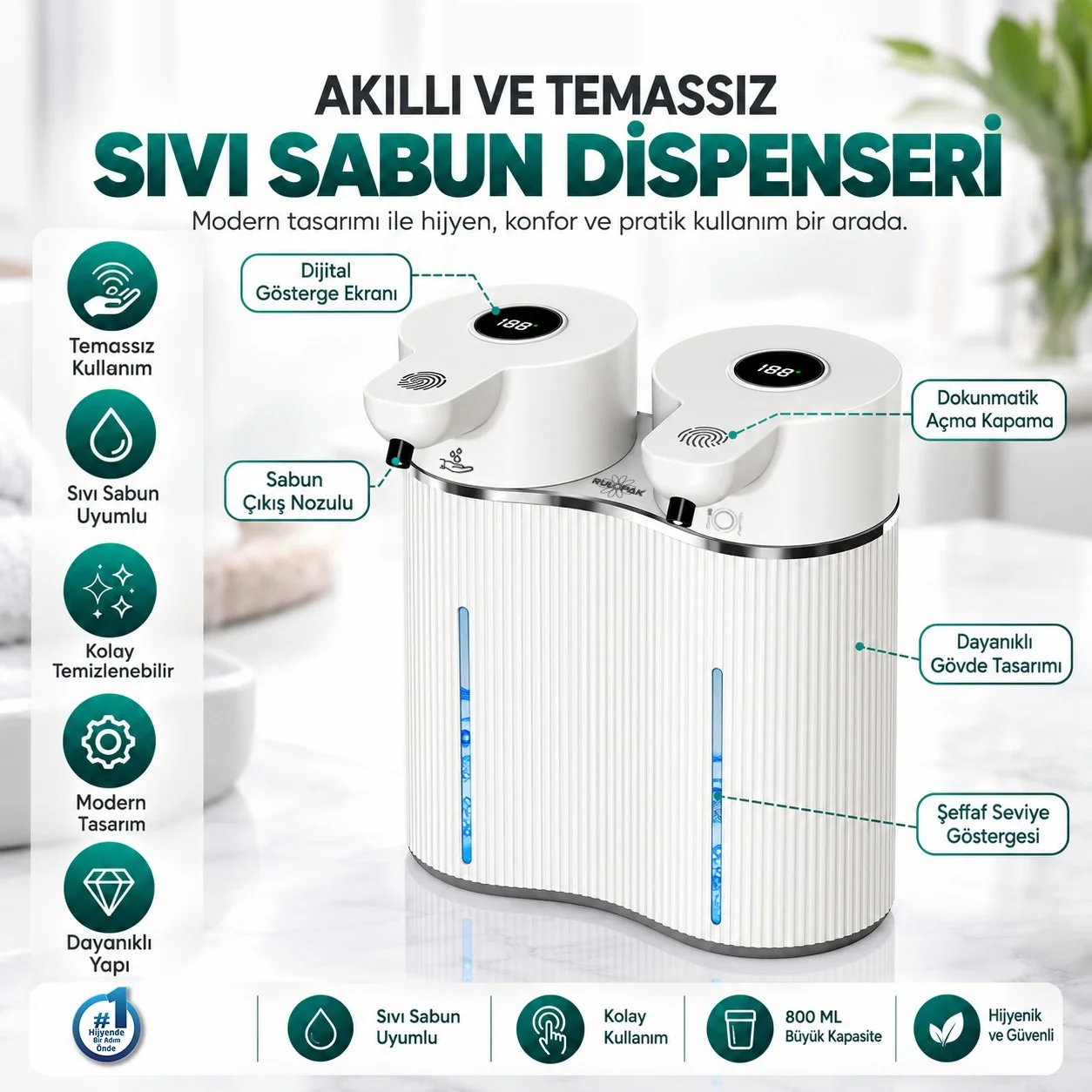 403842 Çift Hazneli Sensörlü Bulaşık Deterjanı ve Sıvı Sabun Dispeseri Beyaz - Görsel 2