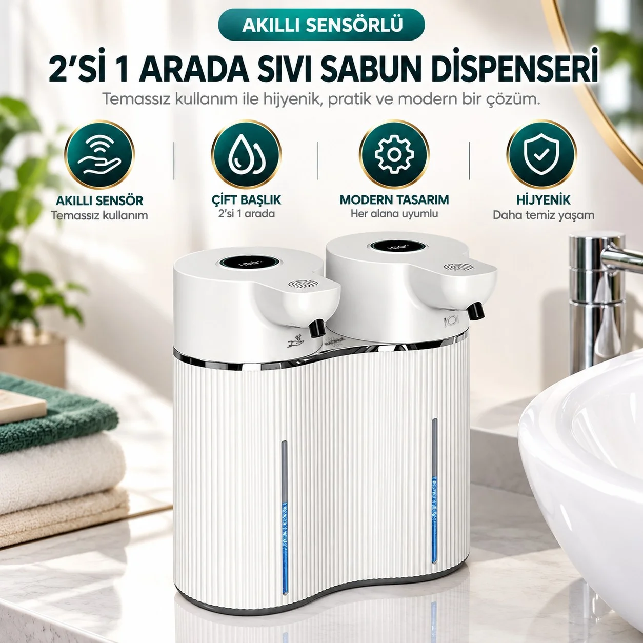 403842 Çift Hazneli Sensörlü Bulaşık Deterjanı ve Sıvı Sabun Dispeseri Beyaz - Görsel 10