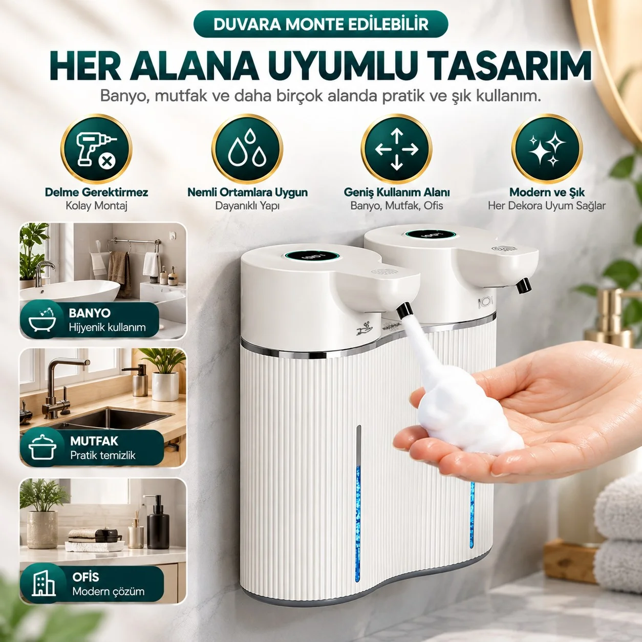 403842 Çift Hazneli Sensörlü Bulaşık Deterjanı ve Sıvı Sabun Dispeseri Beyaz - Görsel 11