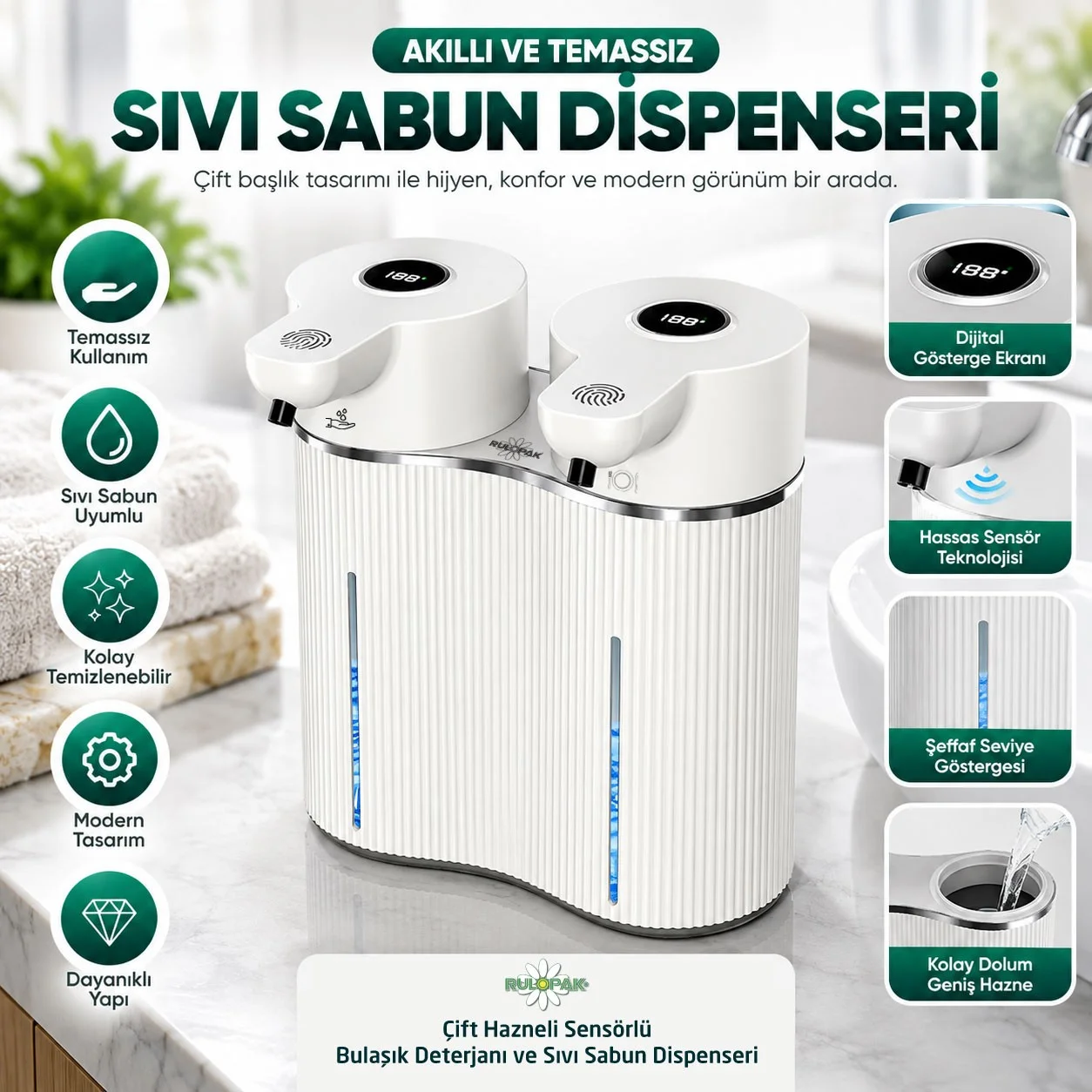 403842 Çift Hazneli Sensörlü Bulaşık Deterjanı ve Sıvı Sabun Dispeseri Beyaz - Görsel 19