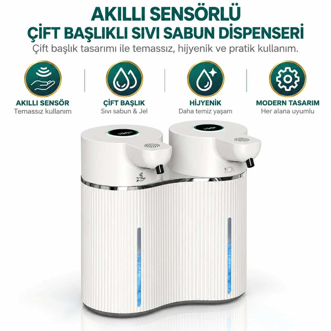 403842 Çift Hazneli Sensörlü Bulaşık Deterjanı ve Sıvı Sabun Dispeseri Beyaz - Görsel 18