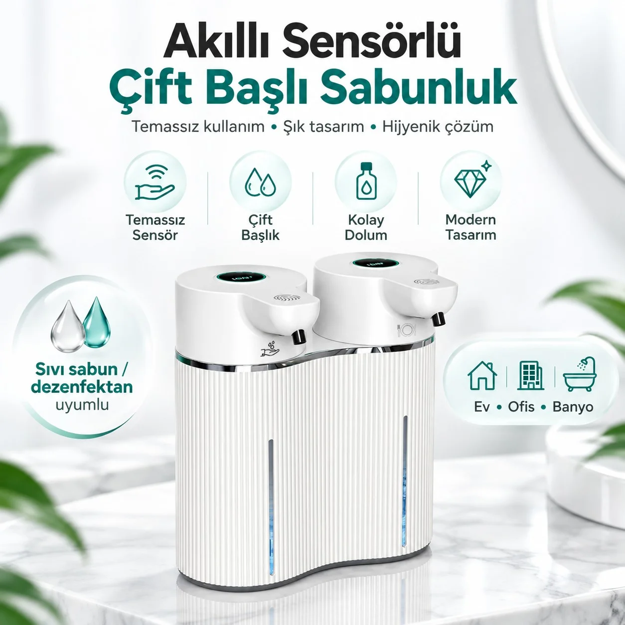 403842 Çift Hazneli Sensörlü Bulaşık Deterjanı ve Sıvı Sabun Dispeseri Beyaz - Görsel 12