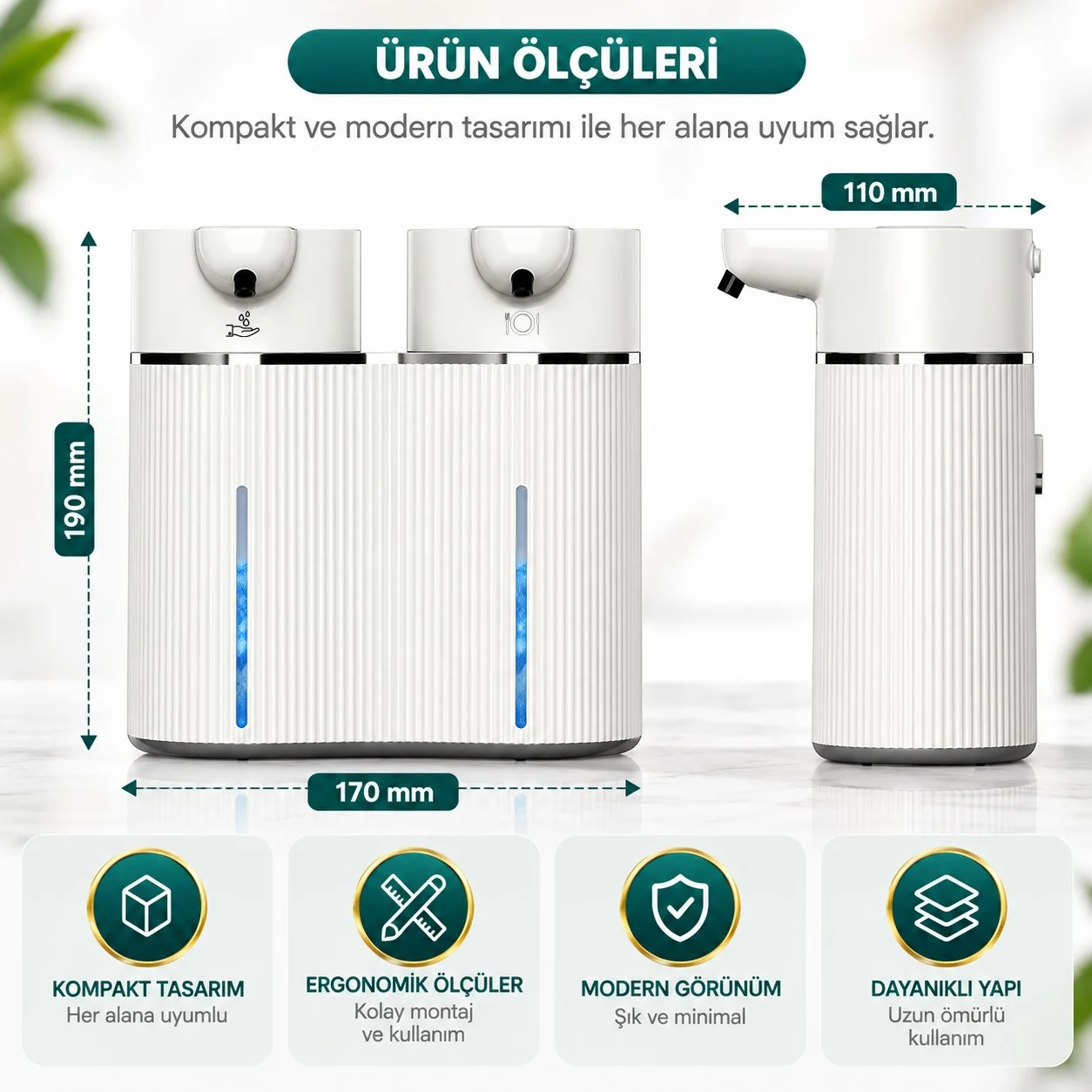 403842 Çift Hazneli Sensörlü Bulaşık Deterjanı ve Sıvı Sabun Dispeseri Beyaz - Görsel 14