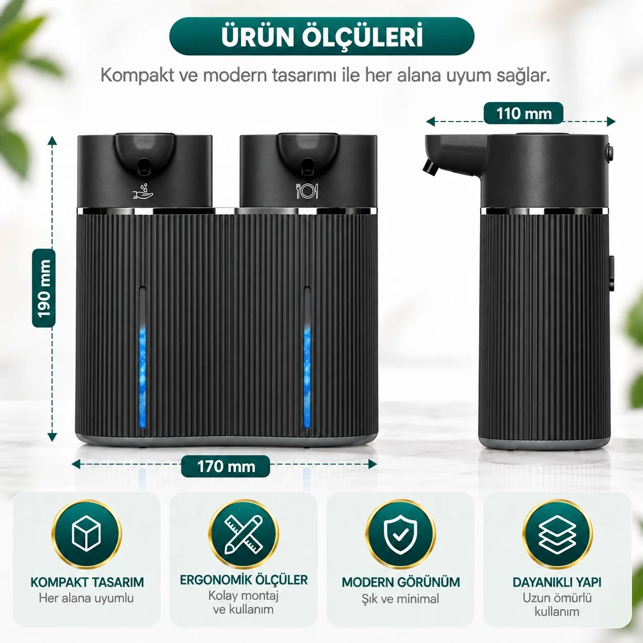 403843 Çift Hazneli Sensörlü Bulaşık Deterjanı ve Sıvı Sabun Dispenseri Siyah