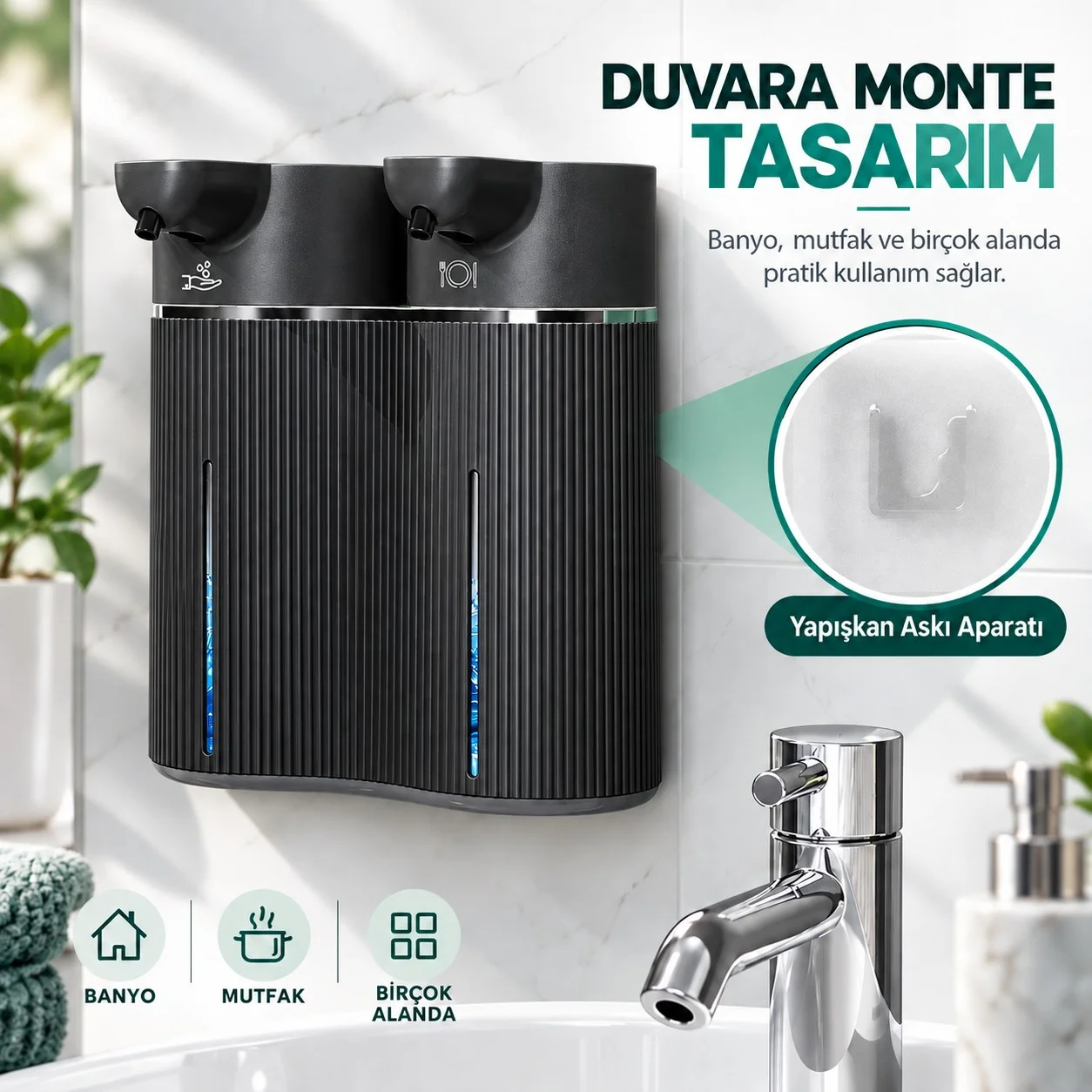 403843 Çift Hazneli Sensörlü Bulaşık Deterjanı ve Sıvı Sabun Dispenseri Siyah