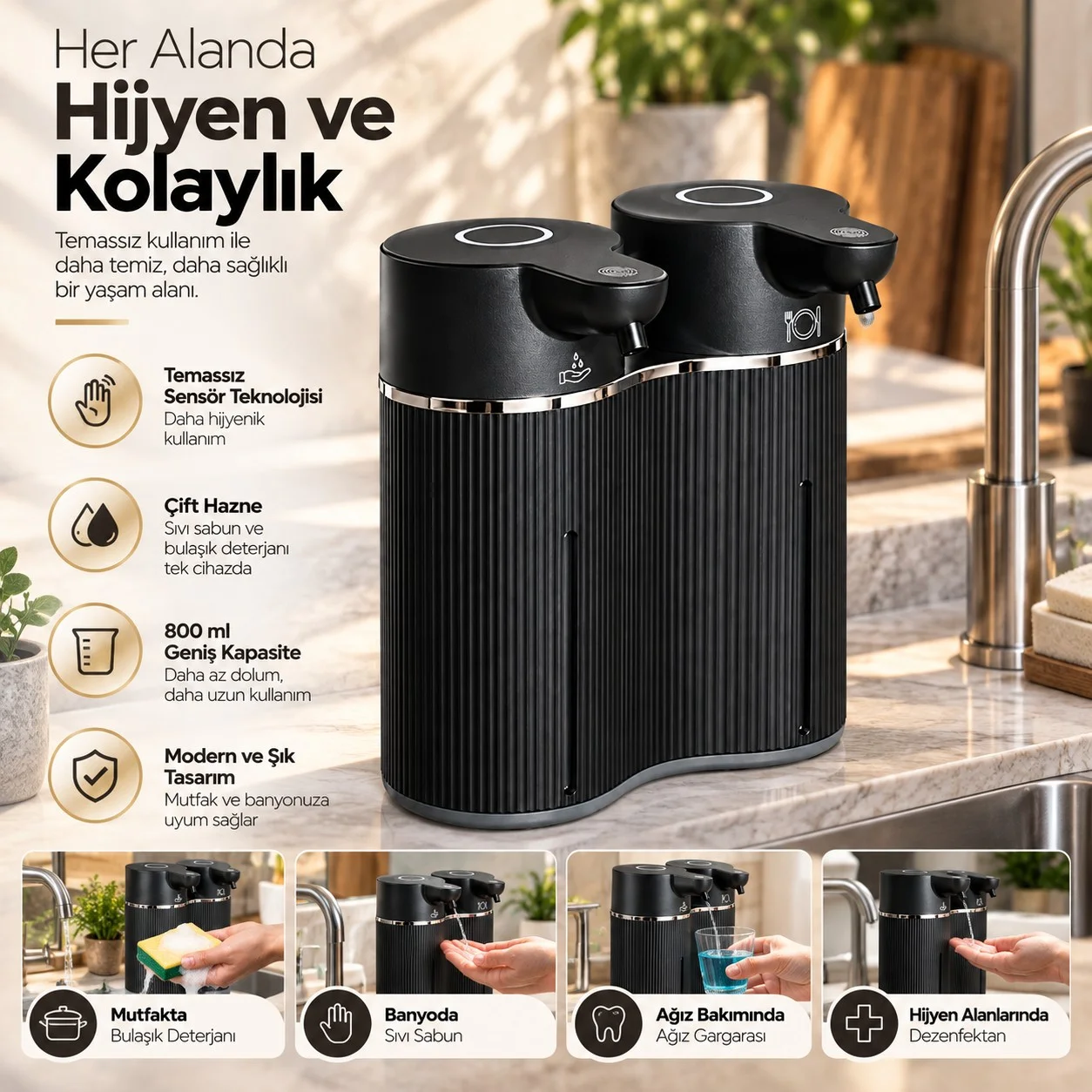 403843 Çift Hazneli Sensörlü Bulaşık Deterjanı ve Sıvı Sabun Dispenseri Siyah