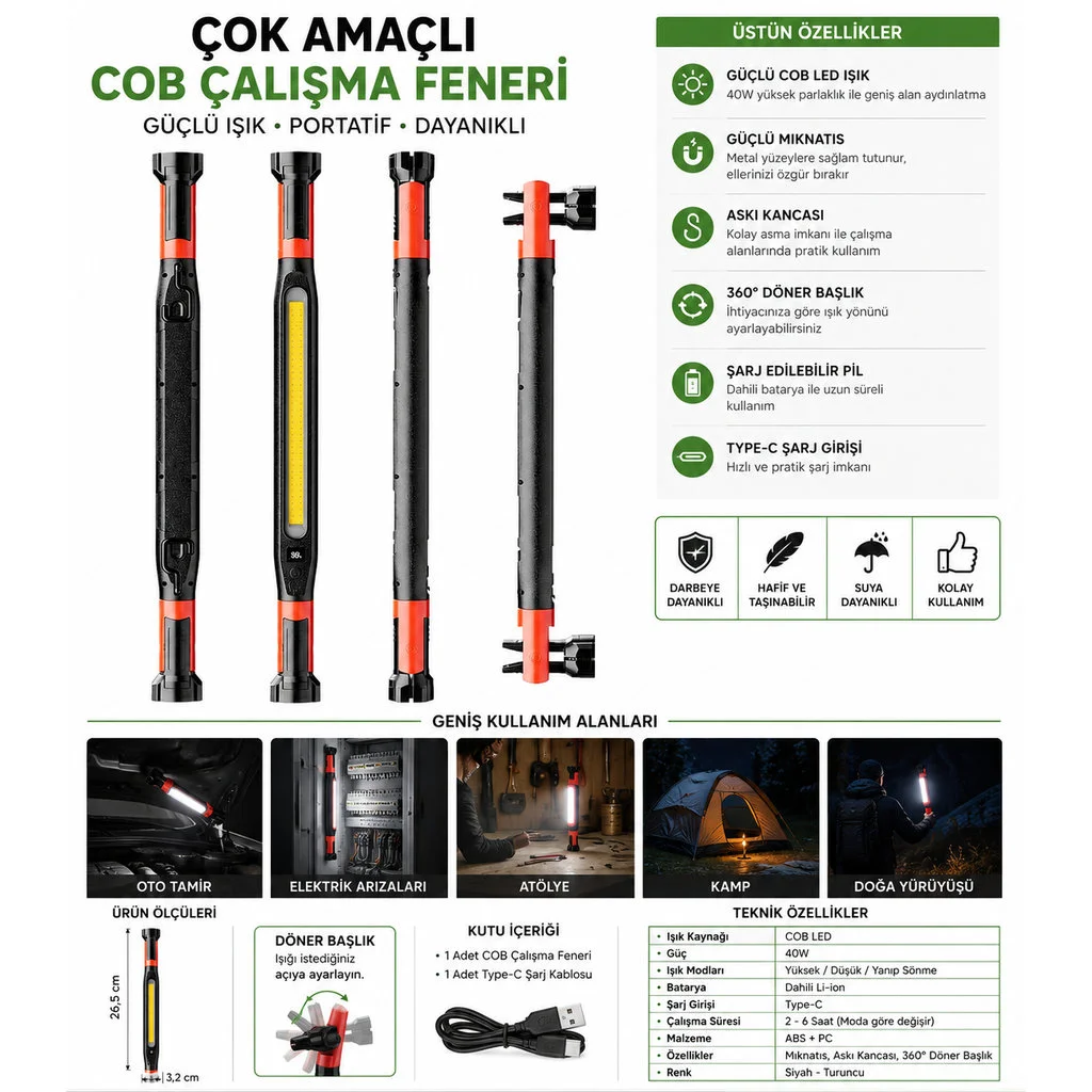 40W COB LED Şarjlı Çalışma Lambası Mıknatıslı Askılı Type-C GS208