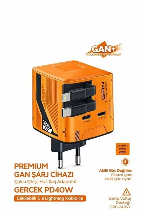 40W GaN Hızlı Şarj Adaptörü - Geri Çekilebilir USB-C & Lightning Kablolu Şarj Cihazı (Turuncu) Fiyatı, Yorumları ve Özellikleri