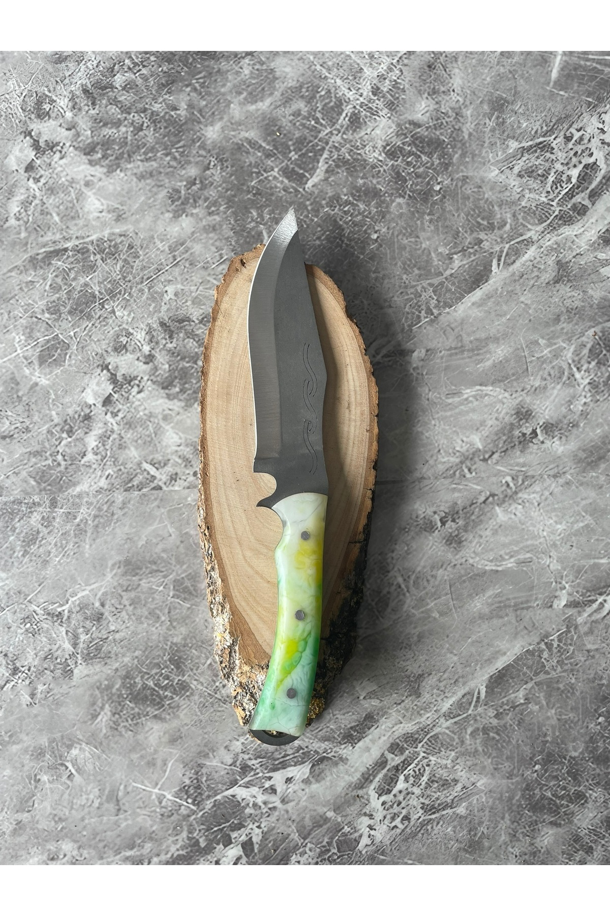 4116 Çelik Yeşil-Sarı-Beyaz Epoksi Kabzeli Kamp Bıçağı
