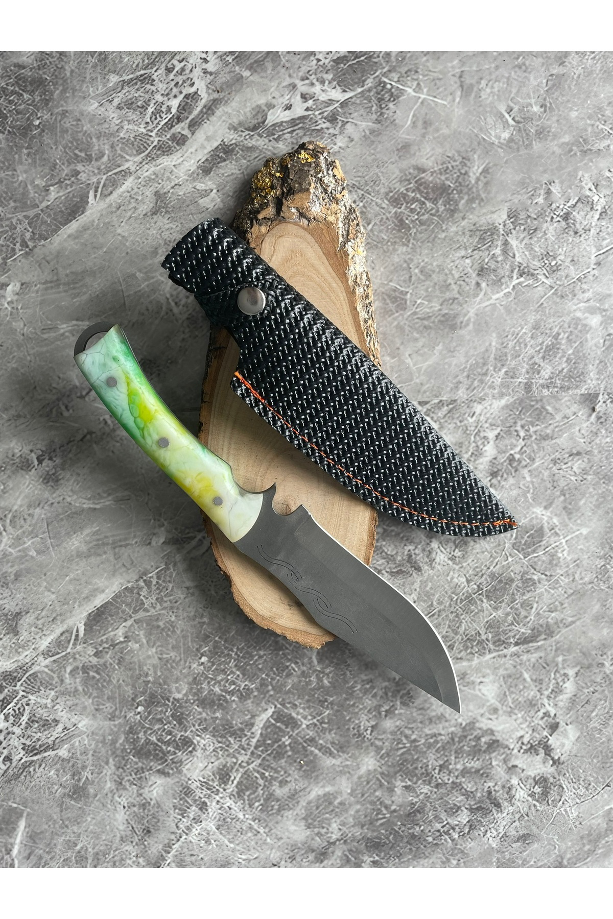 4116 Çelik Yeşil-Sarı-Beyaz Epoksi Kabzeli Kamp Bıçağı