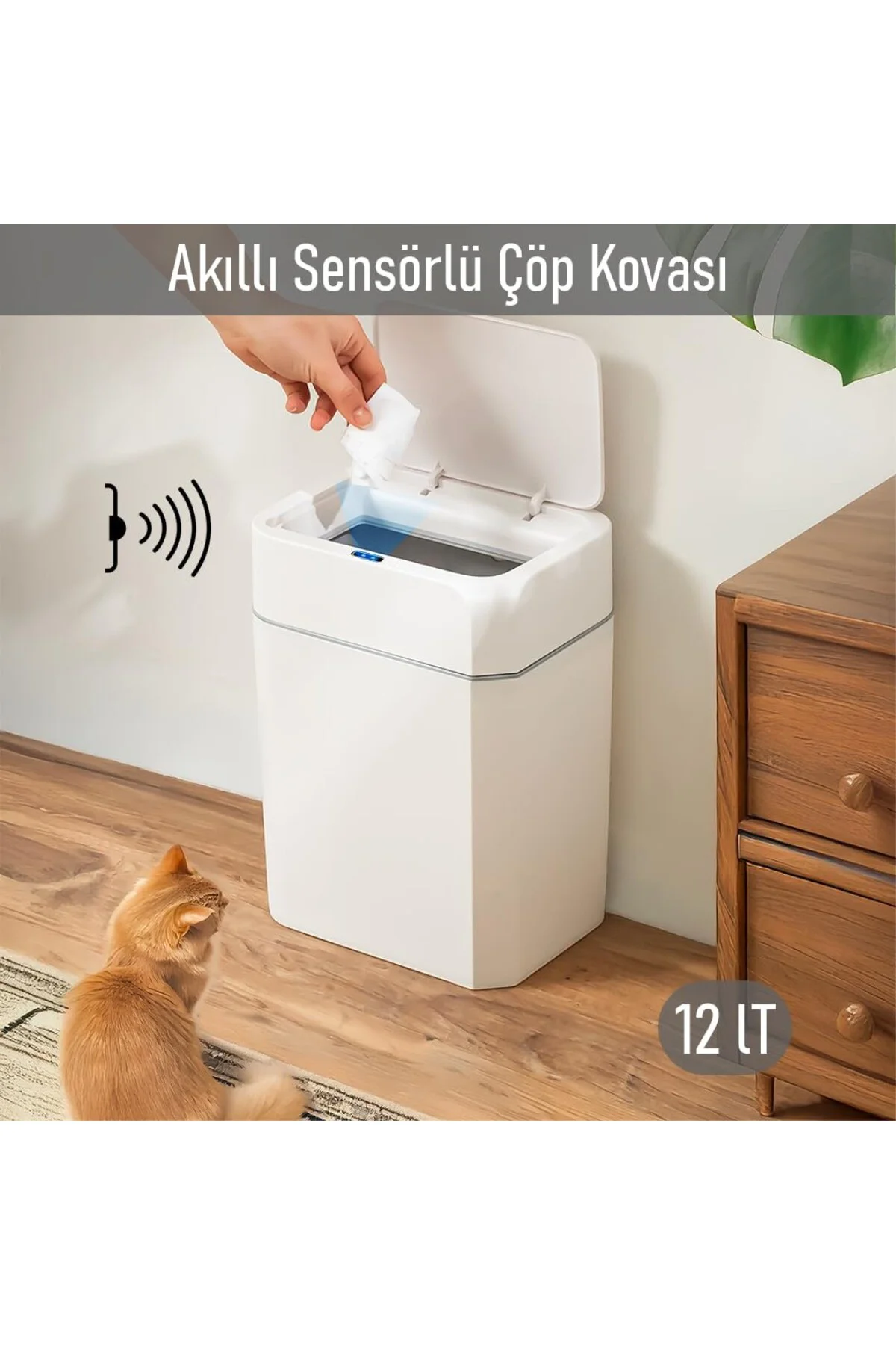 4147 Hareket Sensörlü Sessiz Kapatma Çöp Kutusu Banyo Mutfak Çöp Kovası Kapaklı Ba
