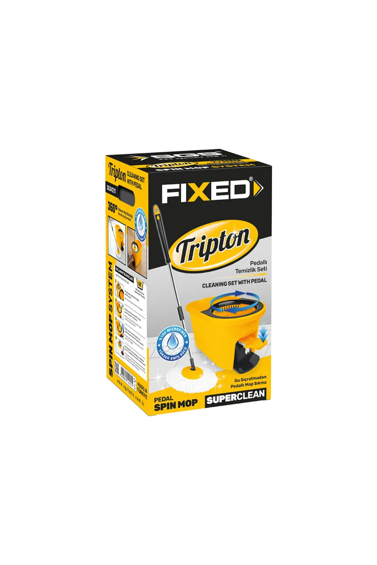 4221 Tripton Pedallı Mikrofiber 360° Döner Başlıklı Mop ve Kova Paspas Temizlik Seti