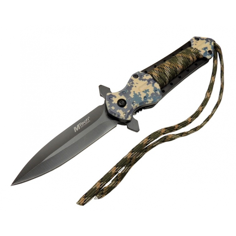 4262 Kamuflaj Kamp Çakı 21cm - Yarı Otomatik, İpli, Kemerlikli Td