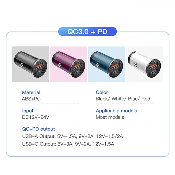 42W USB + Type-C Çift Çıkışlı Mini Hızlı Araç Şarj Cihazı - 2 Cihazda Aynı Anda Hızlı Şarj