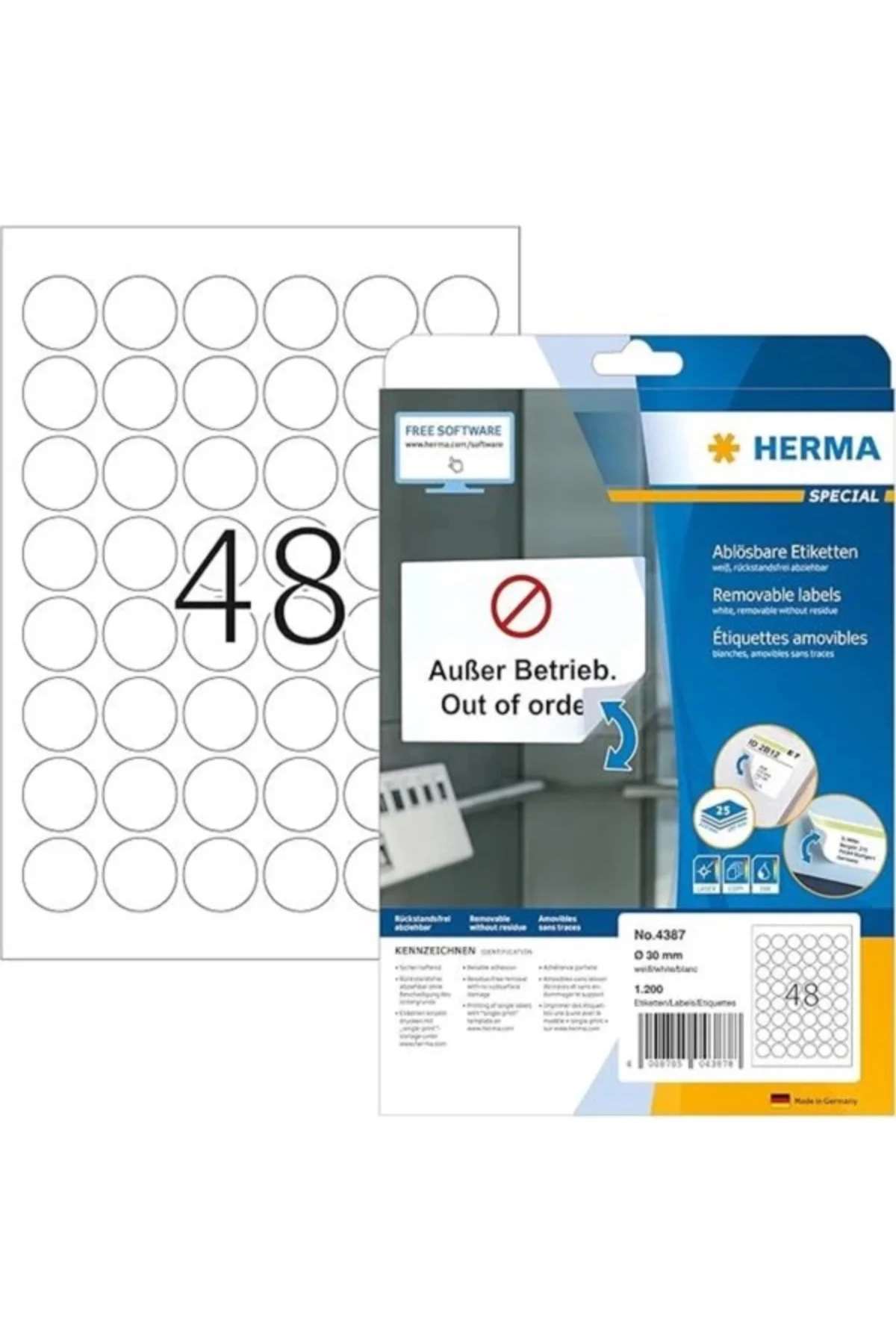 4387 Üniversal Etiket DIN A4 Çıkarılabilir 30 mm, 25 Yaprak, Kağıt, Mat, Yuvarlak
