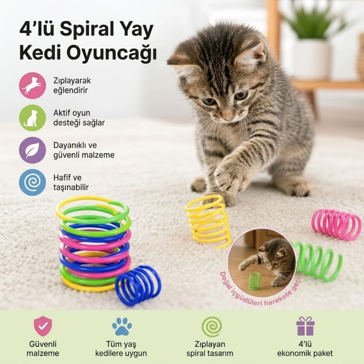 4'lü Renkli Spiral Yay Kedi Oyuncağı, Esnek ve Hareketli Eğlenceli Kedi Oyun Seti 4'lü Renkli Spiral Yay Kedi Oyuncağı, Esnek ve Hareketli Eğlenceli Kedi Oyun Seti