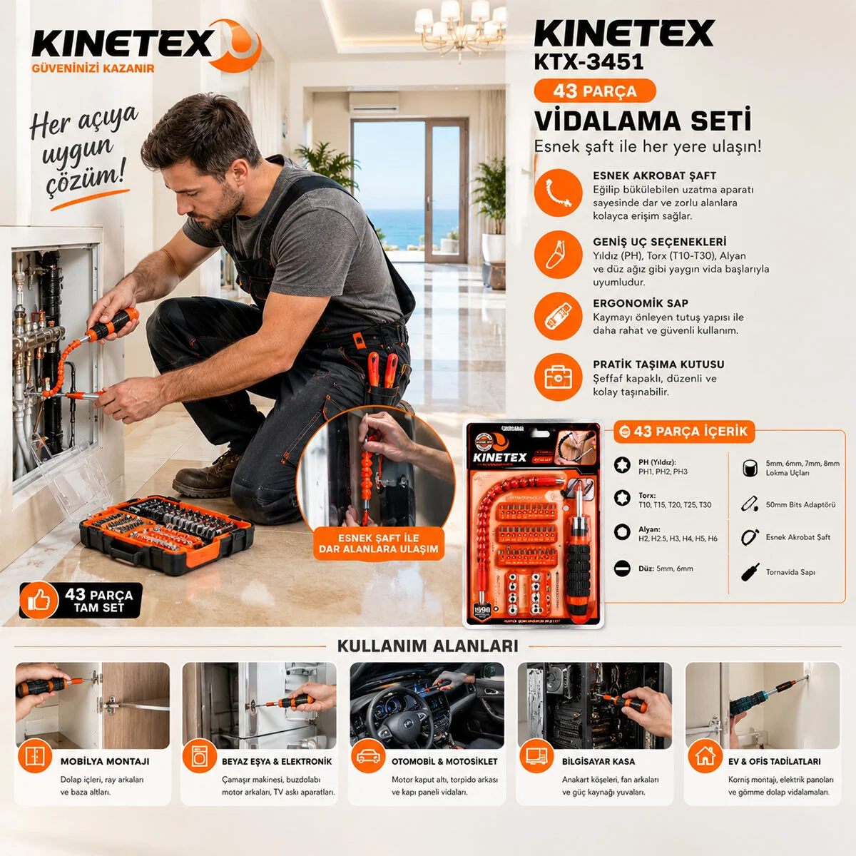 43PCS Silikon Sap Akrobat Uzatmalı Tornavida Bits Seti Manyetik Uç Tutucu KTX-3451